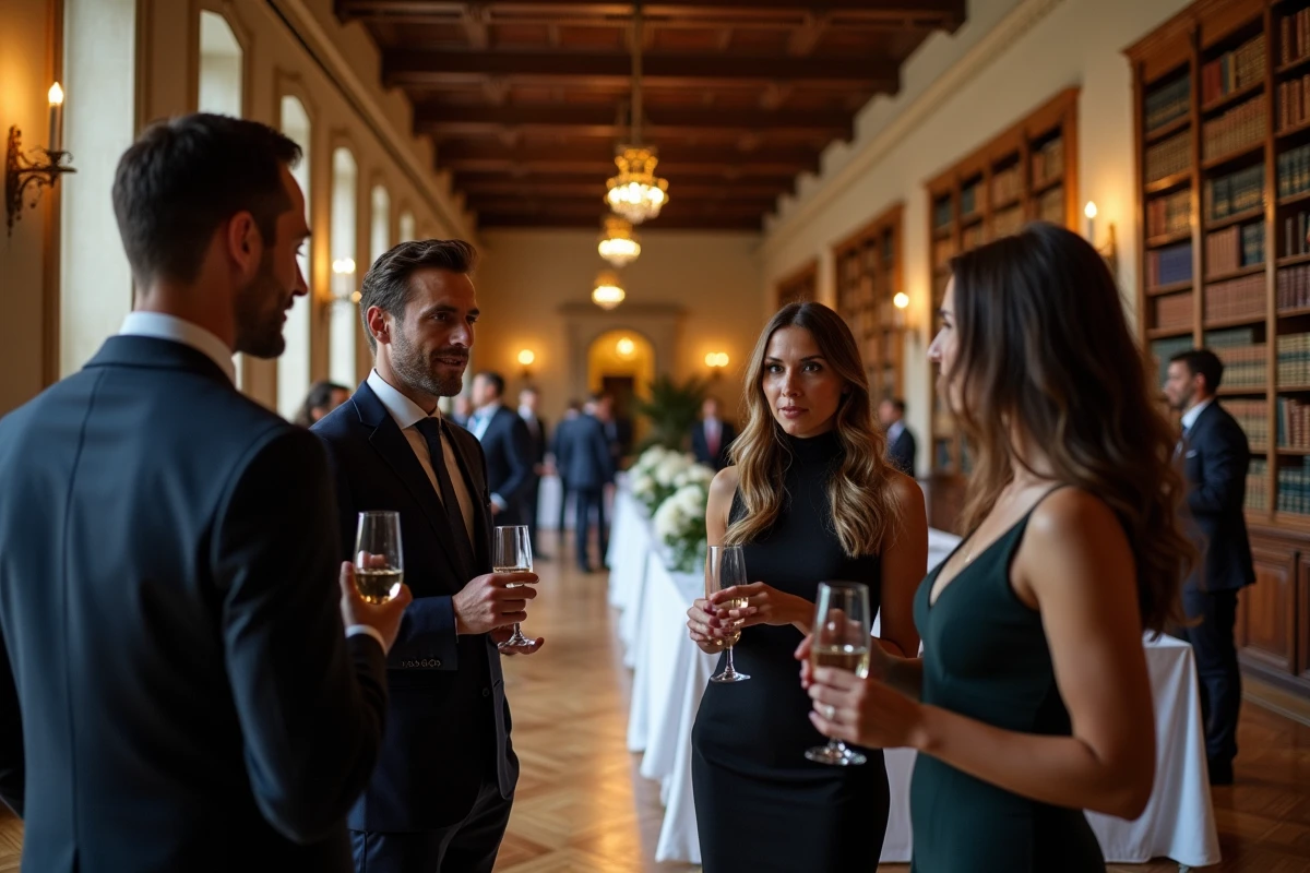 Réception mondaine et politique après un mariage, invités en tenue formelle dans un salon parisien aux décors classiques