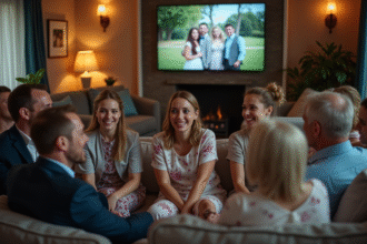 Famille réunie dans un salon chaleureux regardant un diaporama de mariage