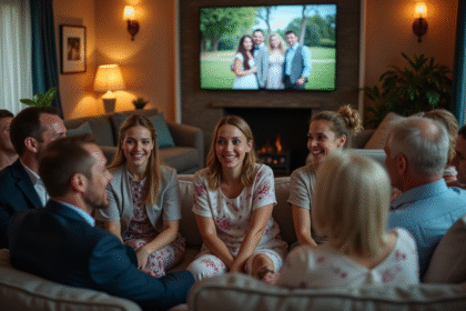 Famille réunie dans un salon chaleureux regardant un diaporama de mariage