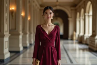 Femme élégante en robe bordeaux midi pour un mariage chic dans un lieu parisien classique