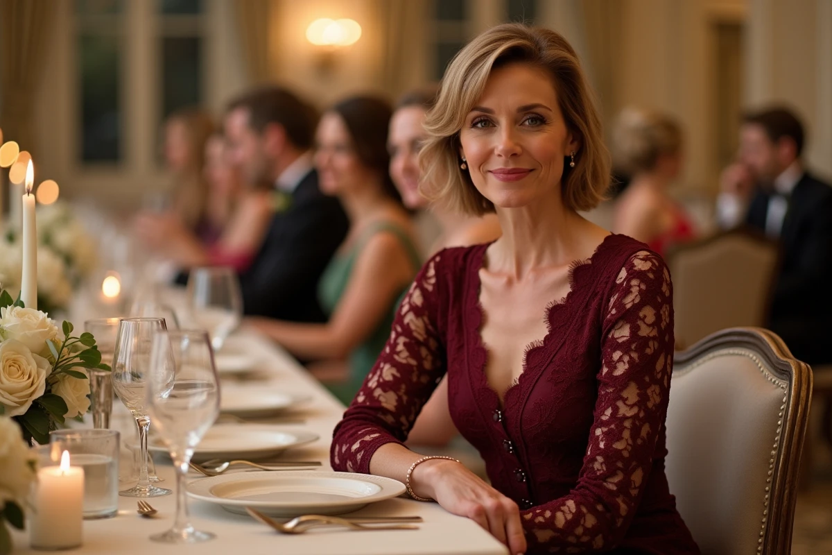 Femme en robe dentelle bordeaux assise à une table de réception de mariage avec décoration élégante