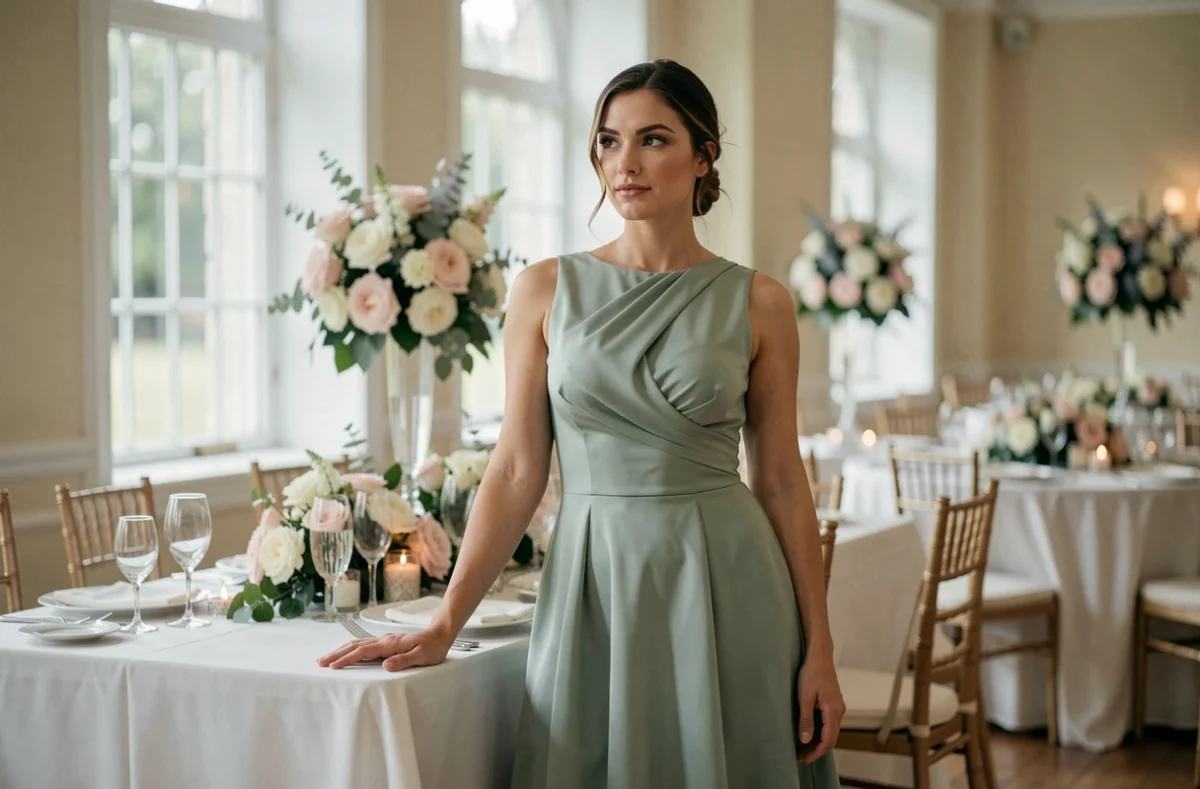 Invitée de mariage en robe empire vert sauge dans une salle de réception décorée avec élégance