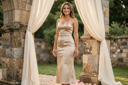 Femme portant une robe fourreau champagne en satin lors d'un mariage en plein air
