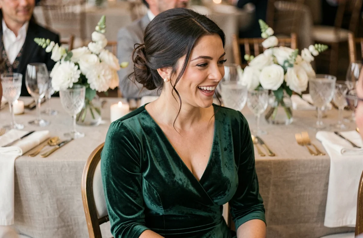 Femme en robe fourreau velours vert émeraude à une réception de mariage élégante