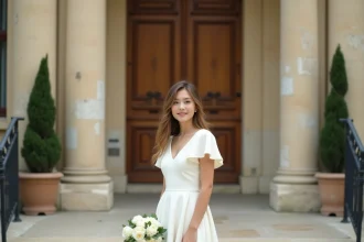 Mariée en robe courte ivoire devant la mairie lors d'un mariage civil chic