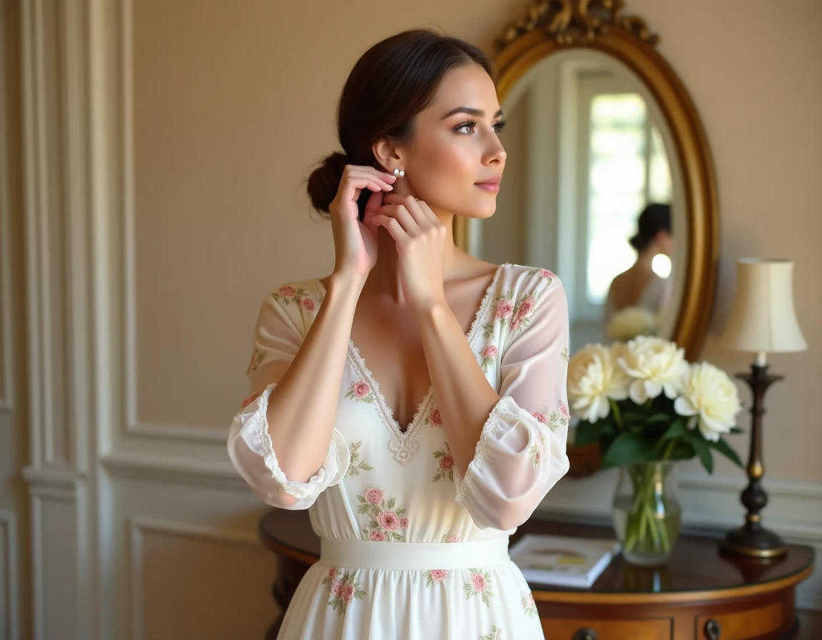 Mariée en robe courte en mousseline fleurie se préparant dans l'antichambre de la mairie avant le mariage civil