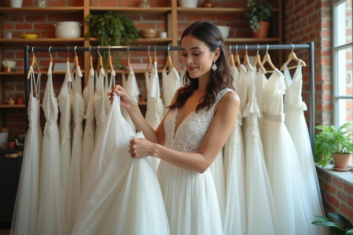 Femme parcourant des robes de mariée d'occasion dans une boutique vintage pour trouver une robe abordable