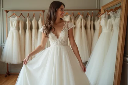 Jeune mariée essayant une robe de mariée pas chère dans une boutique de Lyon, souriant devant un miroir