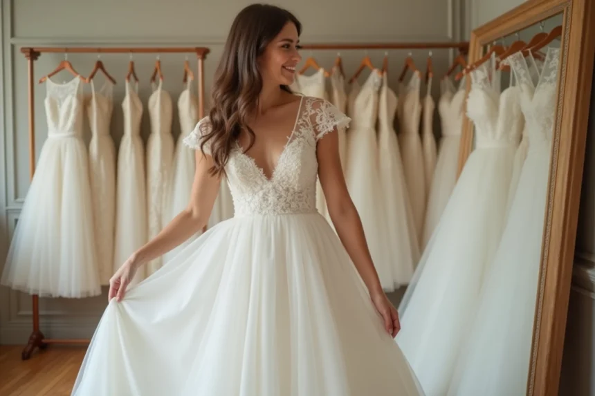 Jeune mariée essayant une robe de mariée pas chère dans une boutique de Lyon, souriant devant un miroir