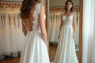 Jeune mariée essayant une robe de mariage abordable dans une boutique de robes de mariée avec miroir et rangées de robes en arrière-plan