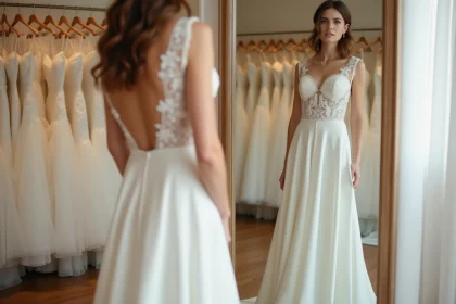 Jeune mariée essayant une robe de mariage abordable dans une boutique de robes de mariée avec miroir et rangées de robes en arrière-plan