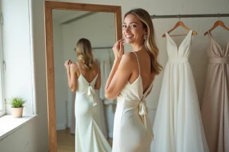 Jeune mariée souriante essayant une robe de mariée ivoire simple et élégante dans une boutique de mariage petit budget