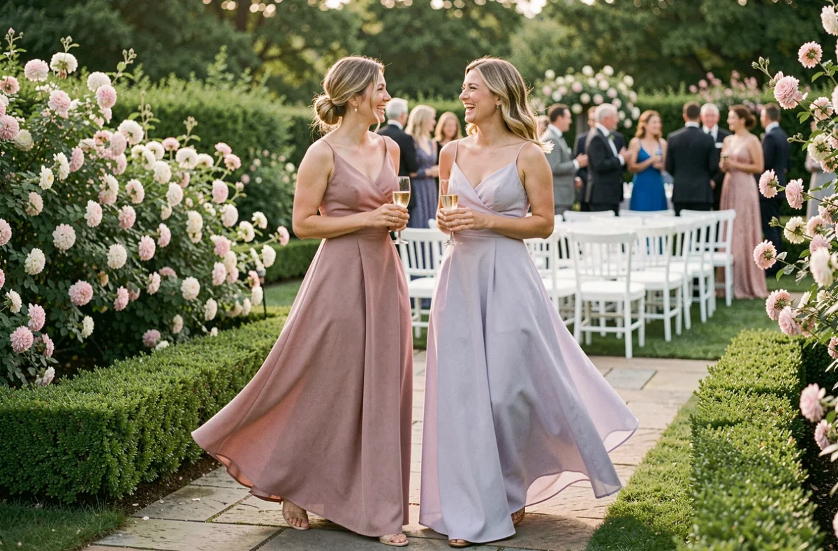 Deux invitées en robes empire aux tons pastel riant ensemble dans un jardin de mariage