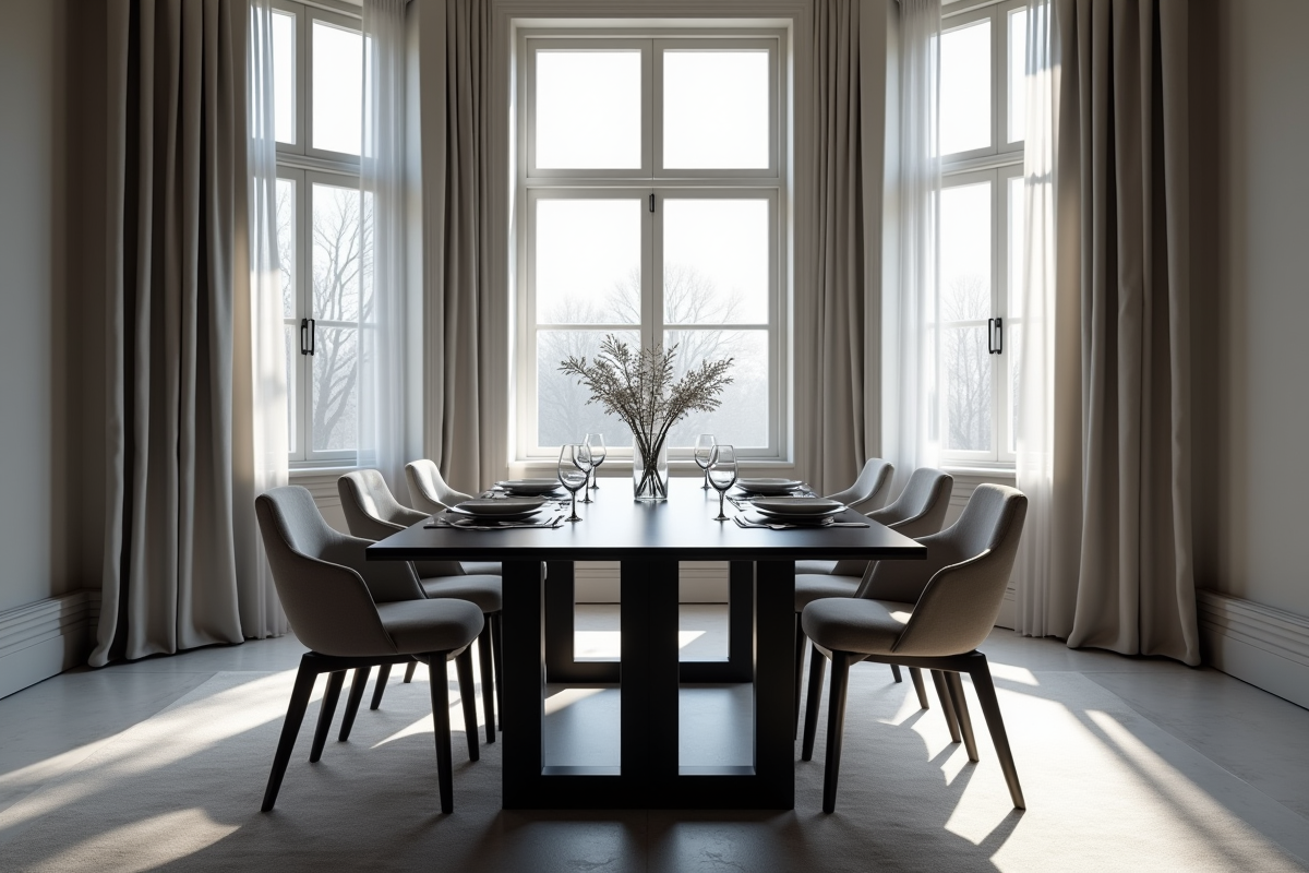 Salle à manger moderne avec table noire et lumière naturelle