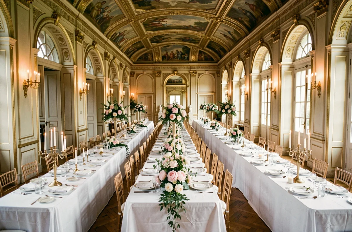 Salle de réception de mariage dans un château du Nord, décoration florale et tables de banquet élégantes