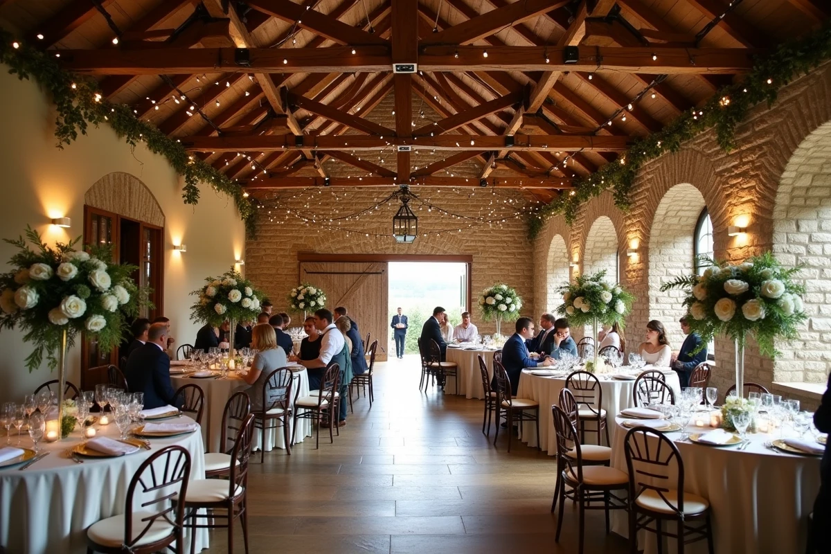 Intérieur d'une grange rénovée décorée pour un mariage avec poutres apparentes, guirlandes et tables dressées