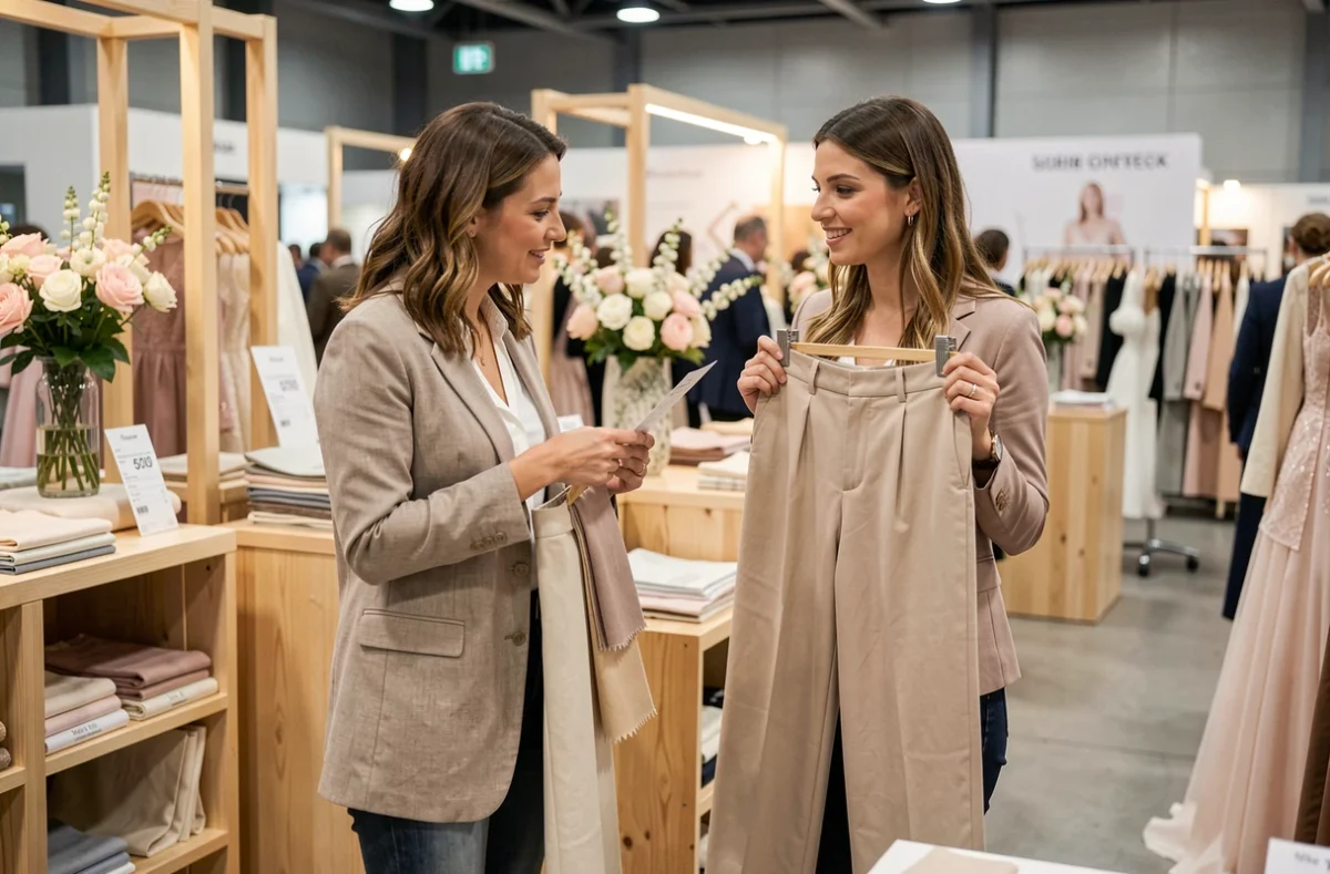 Deux femmes comparant des ensembles pantalon mariage à un salon de la mariée pour trouver une tenue chic pas chère