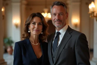 Couple élégant et discret lors d'une réception formelle, illustrant la vie publique de Samantha de Bendern et son mari