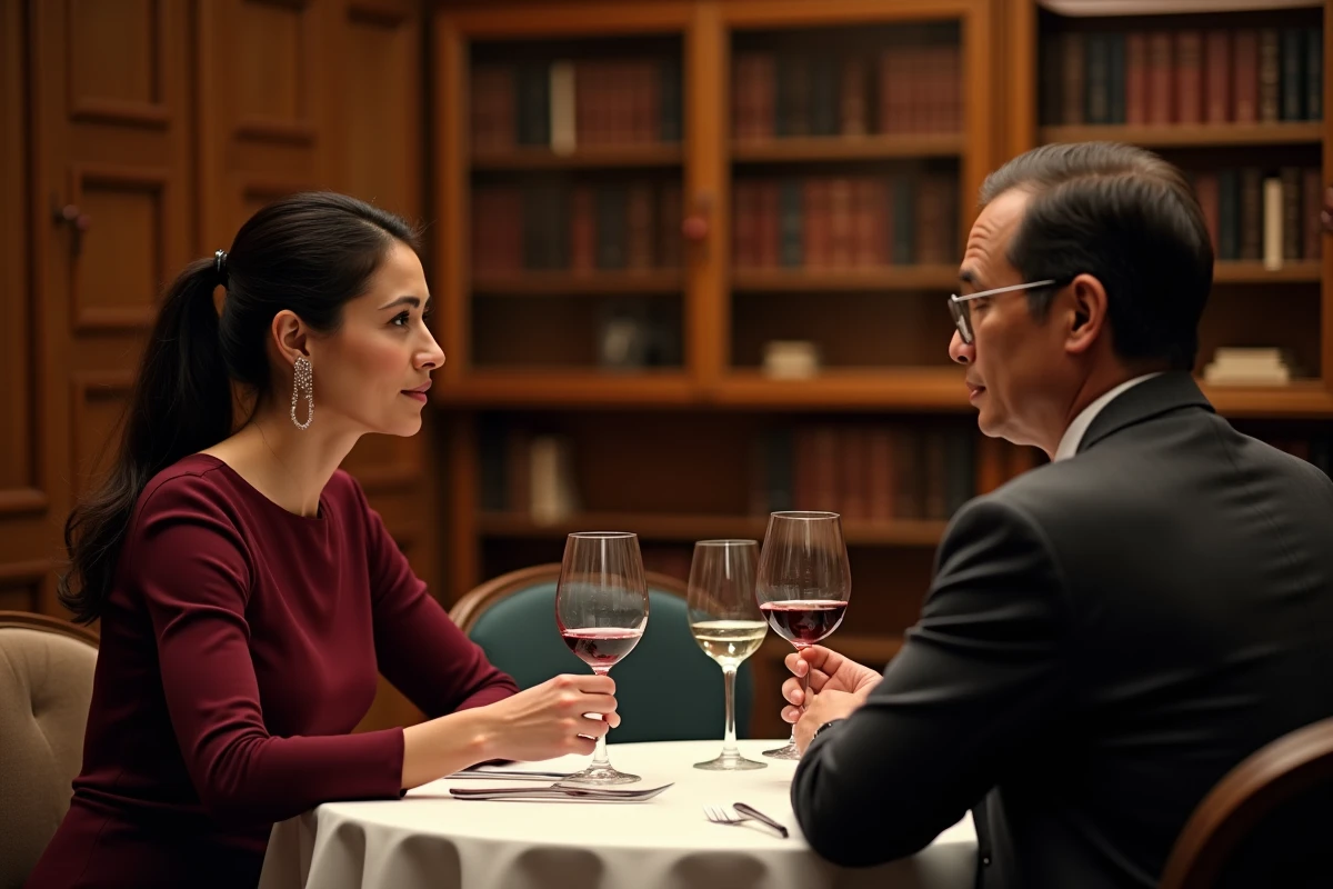 Couple raffiné attablé dans un restaurant privé, symbole de l'élégance et de la discrétion du couple Samantha de Bendern