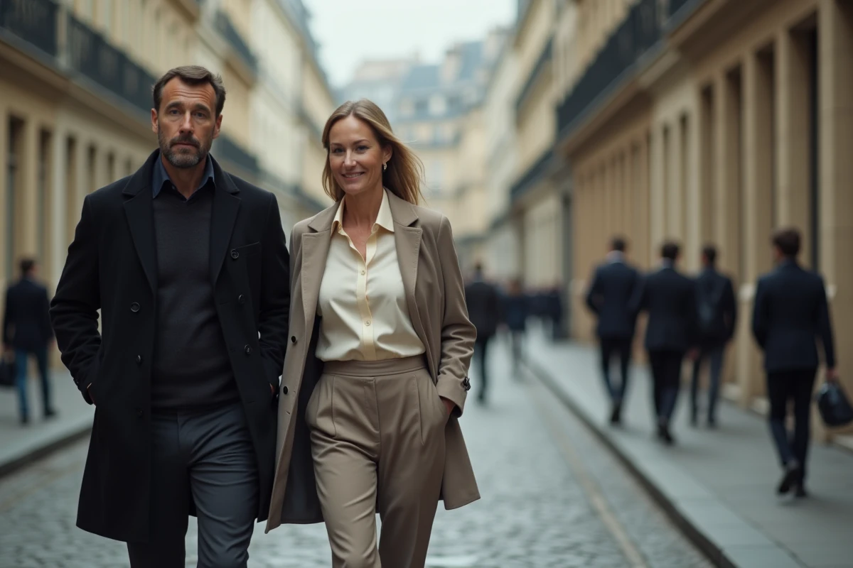 Duo discret en promenade dans une rue parisienne, évoquant l'intimité et la discrétion de Samantha de Bendern et son époux