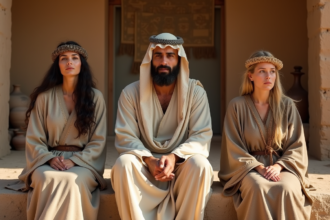 Homme et femmes en vêtements anciens dans un village biblique