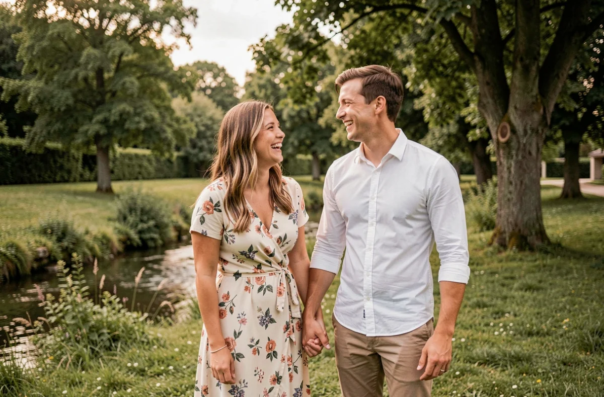 Couple souriant lors d'une séance photo en plein air dans un parc d'Audincourt, ambiance naturelle et verdoyante, photographe professionnel local