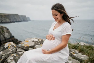 Femme enceinte en robe blanche assise sur les rochers face à la mer de Brest, tenant son ventre avec douceur lors d'une séance photo grossesse en Bretagne