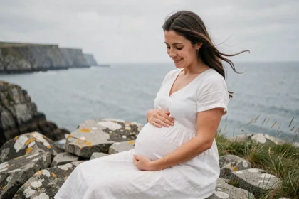 Femme enceinte en robe blanche assise sur les rochers face à la mer de Brest, tenant son ventre avec douceur lors d'une séance photo grossesse en Bretagne
