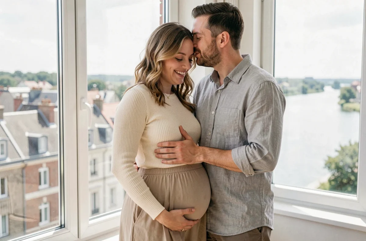 Couple attendant un bébé qui s'embrasse tendrement dans un appartement de Brest avec vue sur la ville, séance photo grossesse en intérieur naturel et lumineux