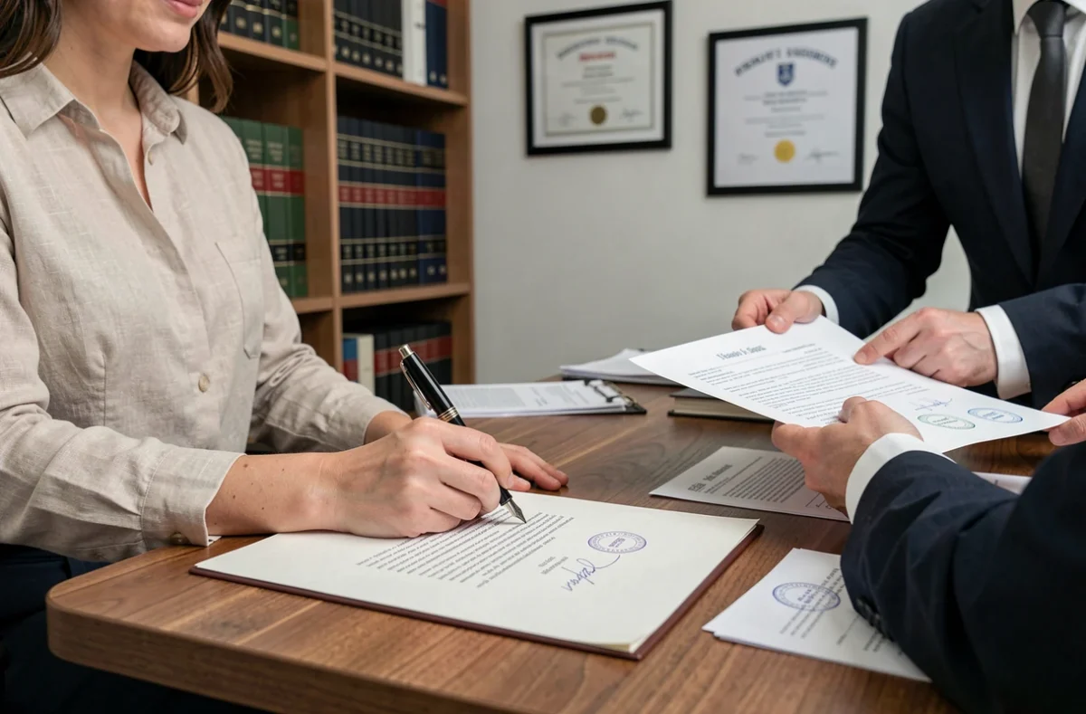 Femme signant un document légal chez un notaire français dans le cadre d'un mariage à l'étranger
