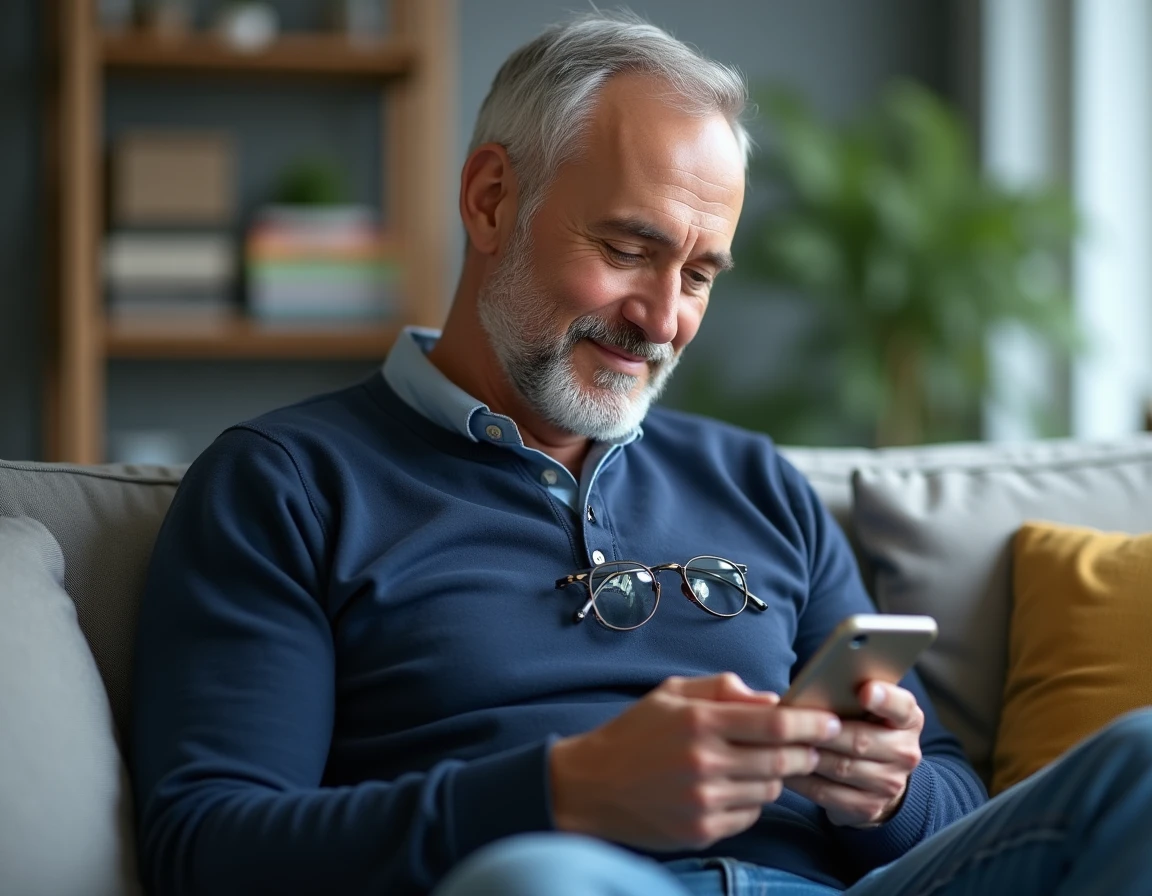 Homme souriant envoyant un SMS d'anniversaire de mariage depuis son canapé avec un smartphone