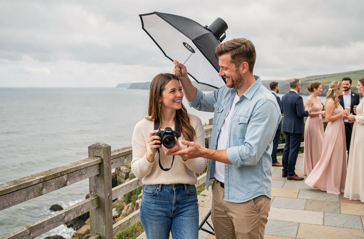 Duo de photographes homme et femme travaillant ensemble lors d'un mariage en bord de falaise normande