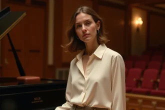 Soprano lyrique élégante près d'un piano à queue dans une salle de concert raffinée, evoquant l'univers romantique d'une artiste d'opéra