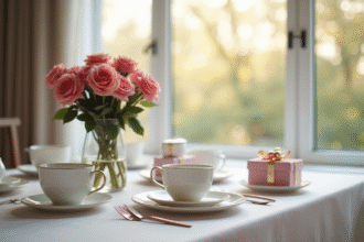 Table élégante pour deux avec roses et cadeaux