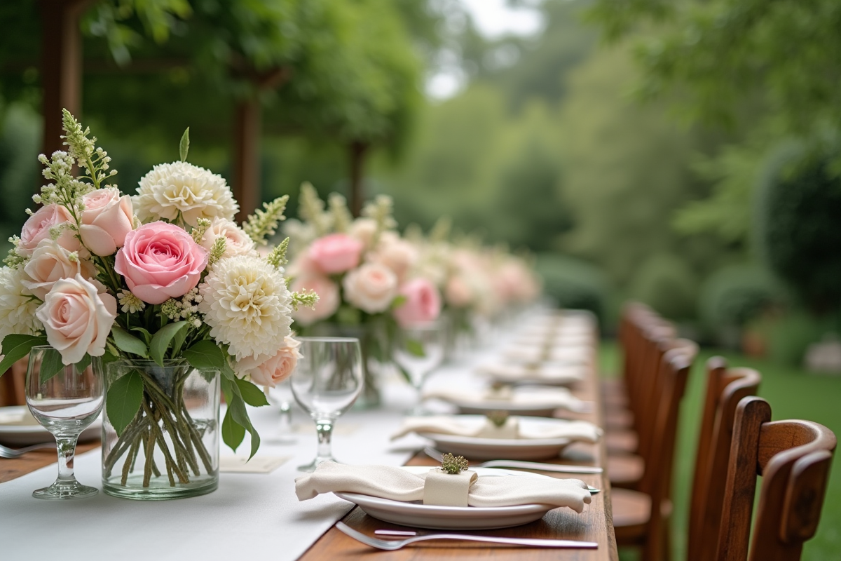 Table en plein air décorée de fleurs pastel dans un jardin