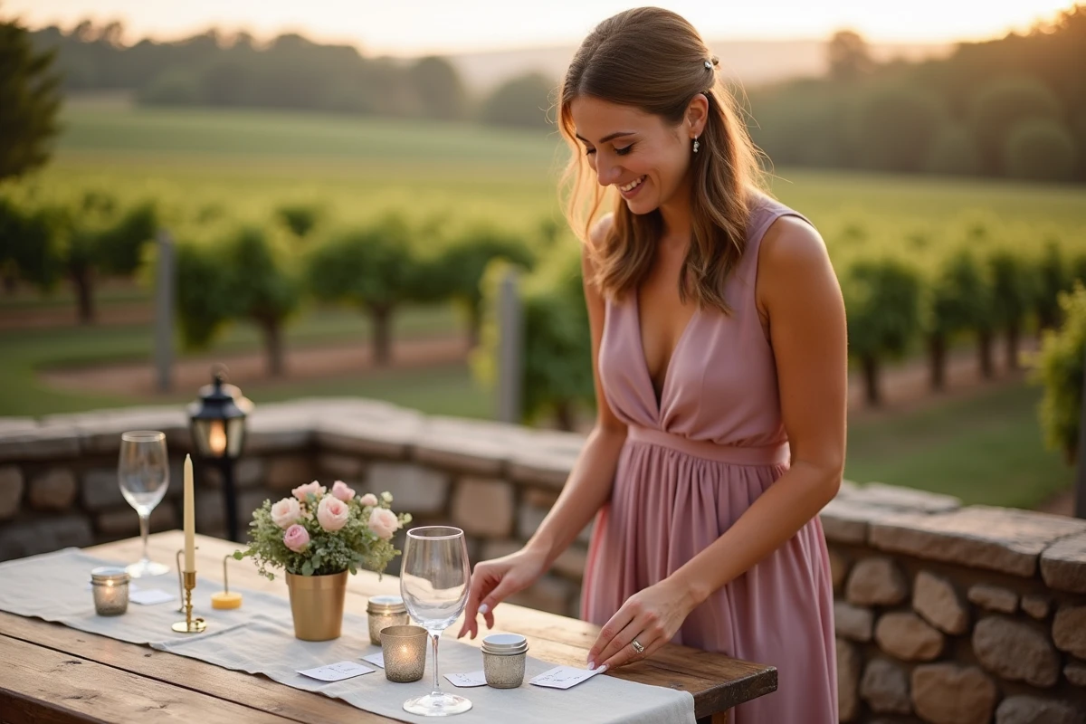 Témoin de mariage préparant une animation de jeu en plein air sur une terrasse de vignoble lors d'une réception en extérieur
