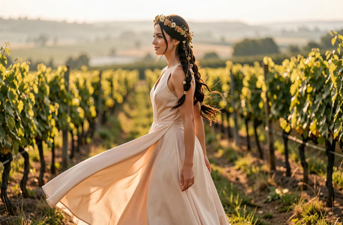 Coiffure tresse couronne bohème avec fleurs séchées et fil doré pour un mariage en plein air dans un vignoble