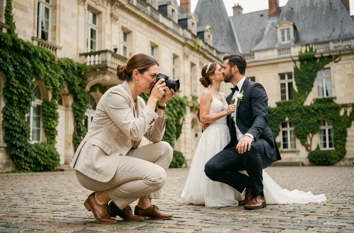 Photographe de mariage Violaine Bretin en action devant un château nantais, capturant un moment candide entre les mariés