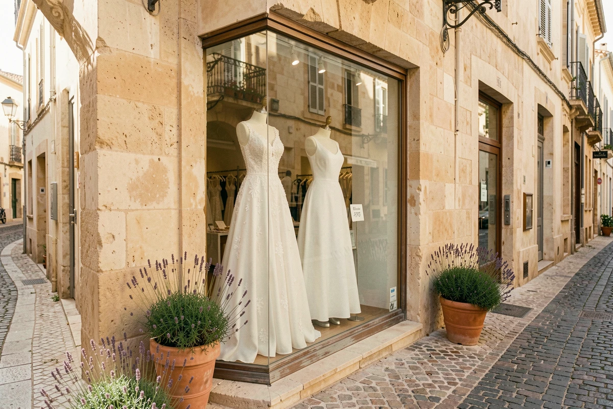 Vitrine de boutique de robes de mariée à Montpellier avec des modèles élégants à petit prix