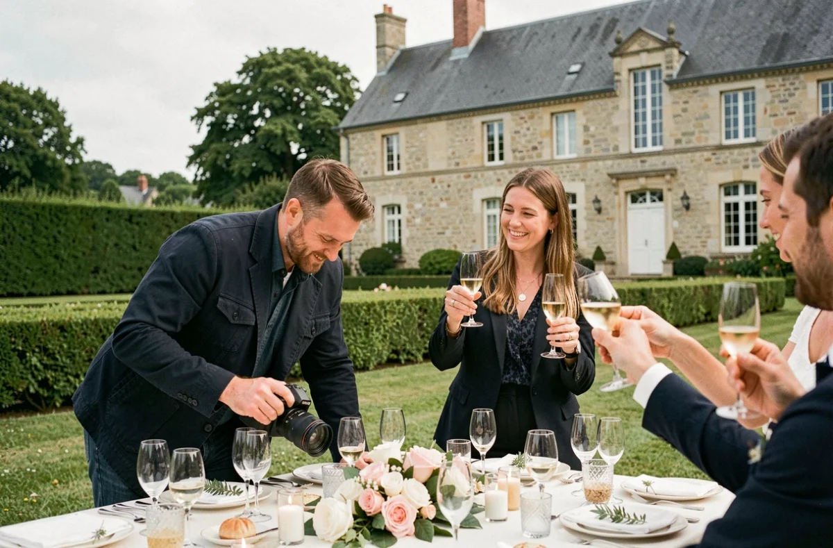 L'équipe WOP Photo en plein travail lors d'une réception de mariage en extérieur en Loire-Atlantique, devant un manoir en pierre